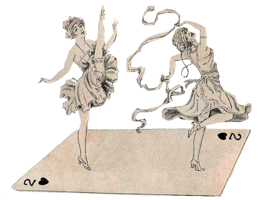 Deuces Wild Ephemera - Two 1920s Flapper Dancers on a Deuce of Hearts Card
