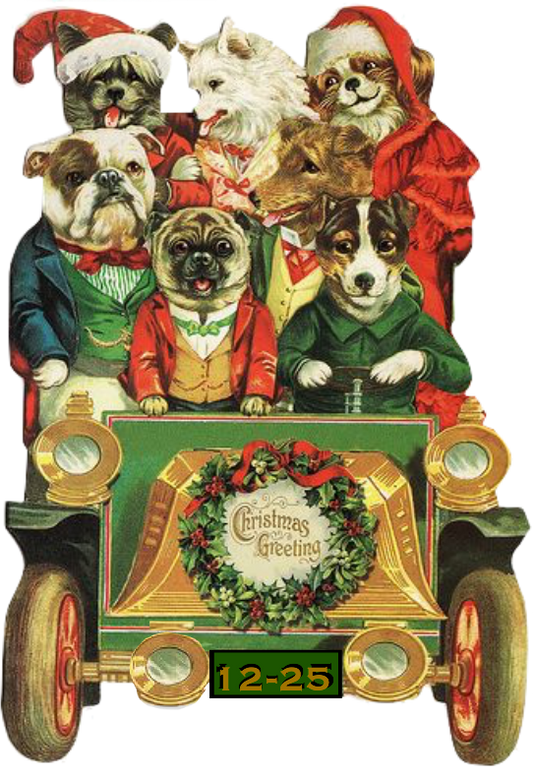 Christmas Dogs riding in a car