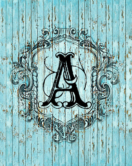 "A" Cottage Collection Engraved Monogram on Distressed Shabby Blue Wood 8X10