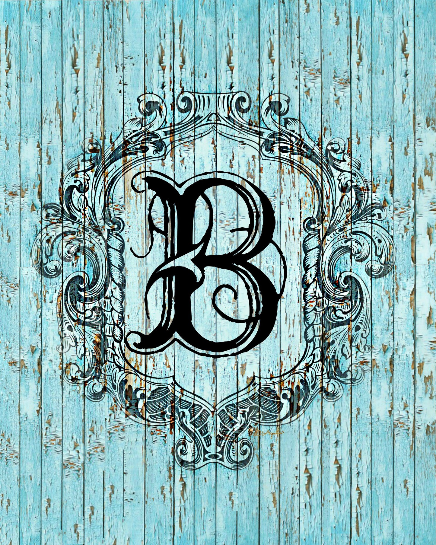 "B" Cottage Collection Engraved Monogram on Distressed Shabby Blue Wood 8X10