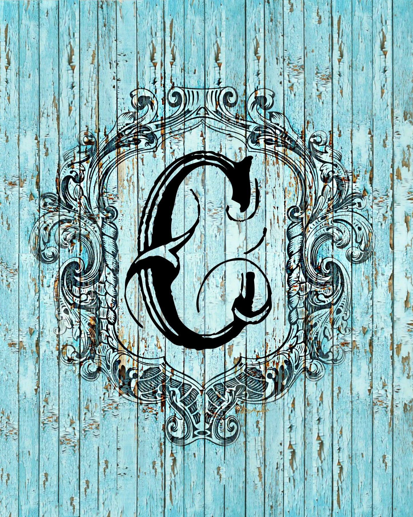 "C" Cottage Collection Engraved Monogram on Distressed Shabby Blue Wood 8X10