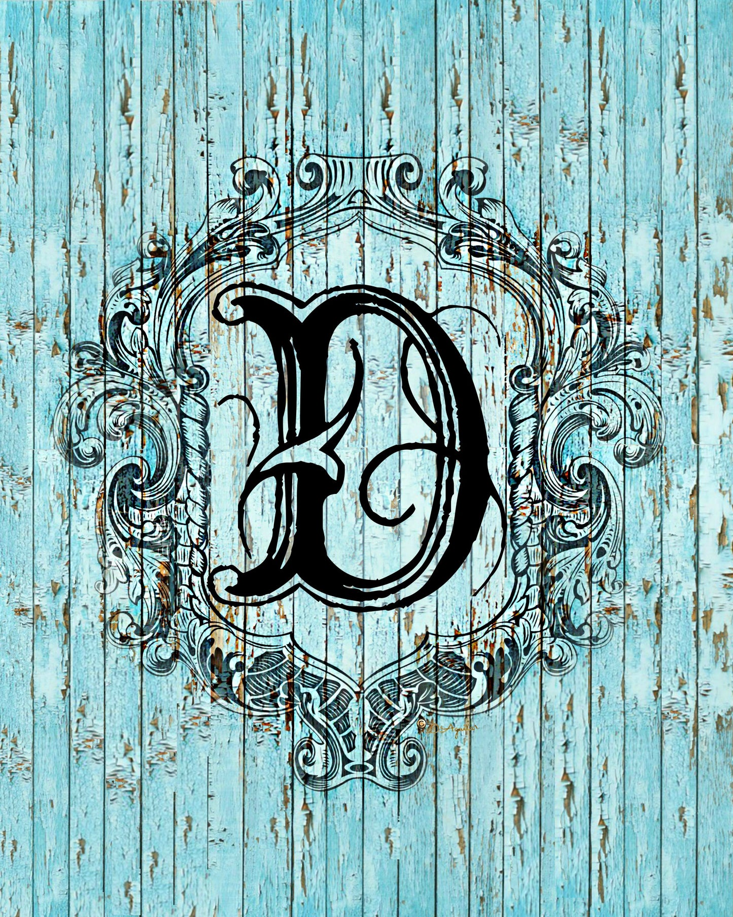 "D" Cottage Collection Engraved Monogram on Distressed Shabby Blue Wood 8X10