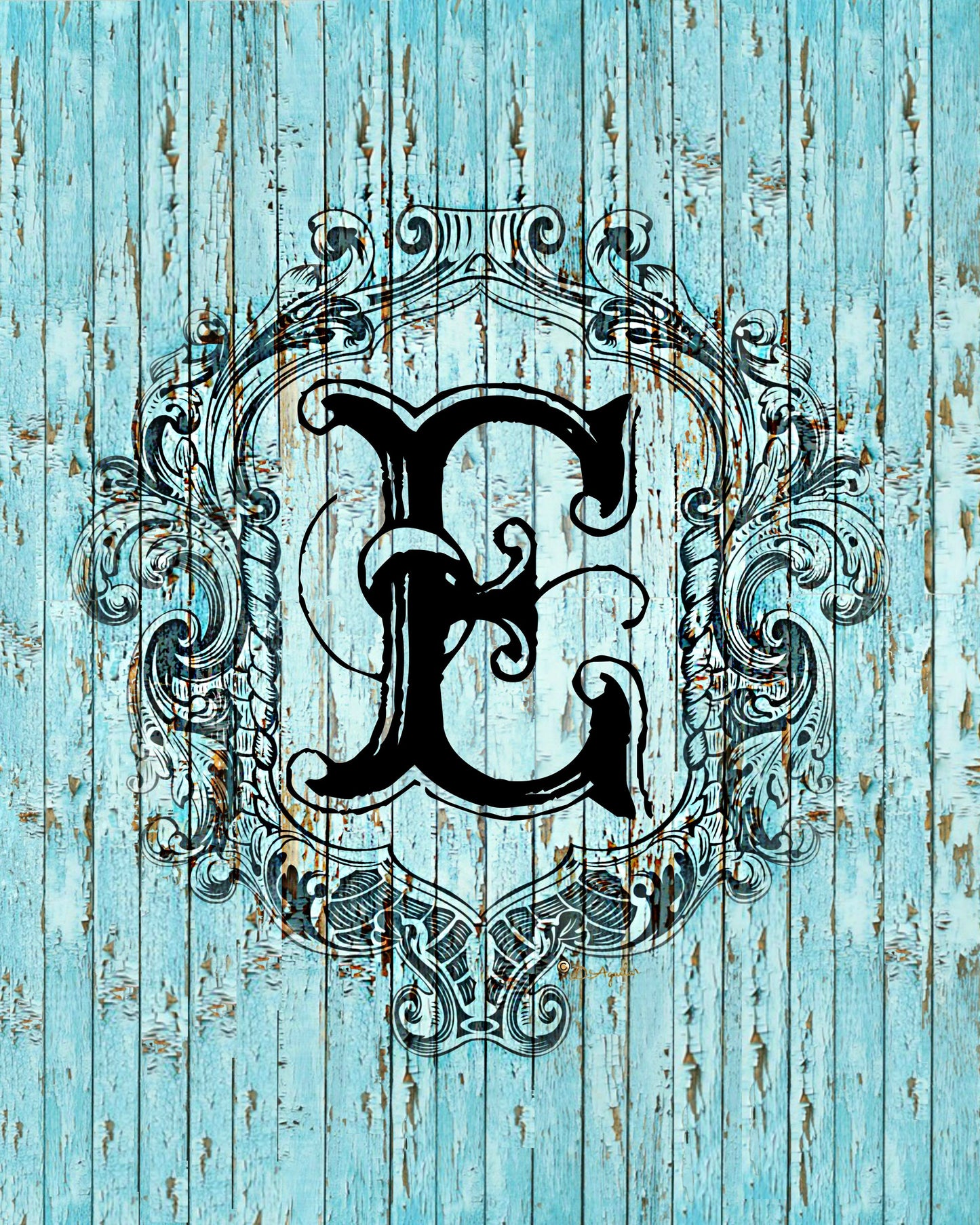 "E" Cottage Collection Engraved Monogram on Distressed Shabby Blue Wood 8X10