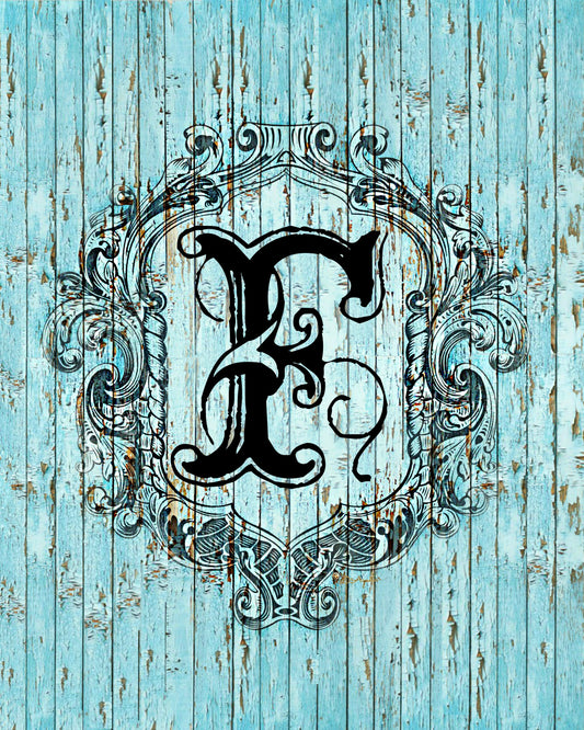 "F" Cottage Collection Engraved Monogram on Distressed Shabby Blue Wood 8X10