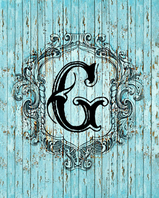 "G" Cottage Collection Engraved Monogram on Distressed Shabby Blue Wood 8X10