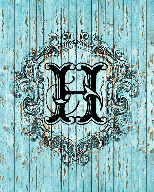 "H" Cottage Collection Engraved Monogram on Distressed Shabby Blue Wood 8X10