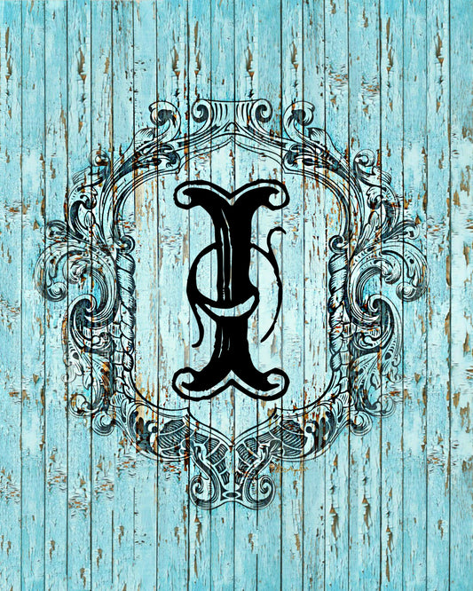"I" Cottage Collection Engraved Monogram on Distressed Shabby Blue Wood 8X10