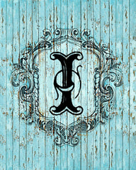 "I" Cottage Collection Engraved Monogram on Distressed Shabby Blue Wood 8X10