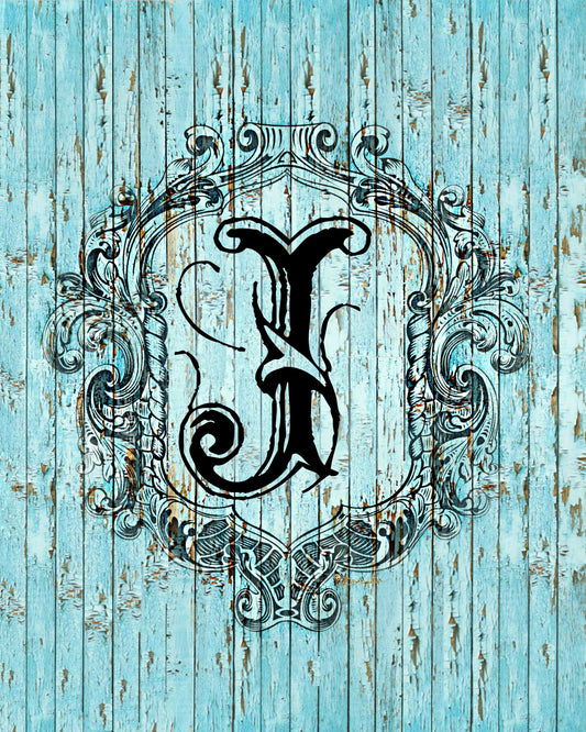 "J" Cottage Collection Engraved Monogram on Distressed Shabby Blue Wood 8X10