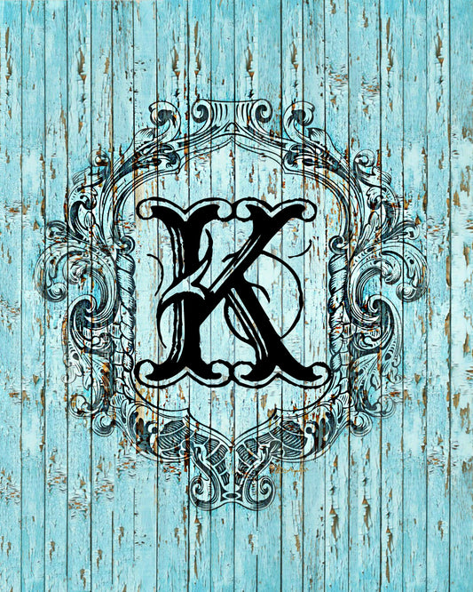 "k" Cottage Collection Engraved Monogram on Distressed Shabby Blue Wood 8X10