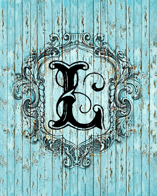 "L" Cottage Collection Engraved Monogram on Distressed Shabby Blue Wood 8X10