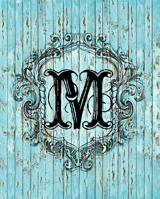 "M" Cottage Collection Engraved Monogram on Distressed Shabby Blue Wood 8X10