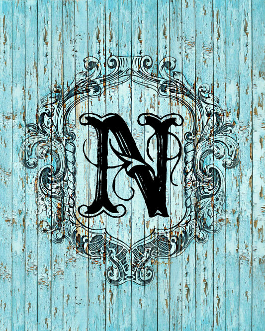 "N" Cottage Collection Engraved Monogram on Distressed Shabby Blue Wood 8X10