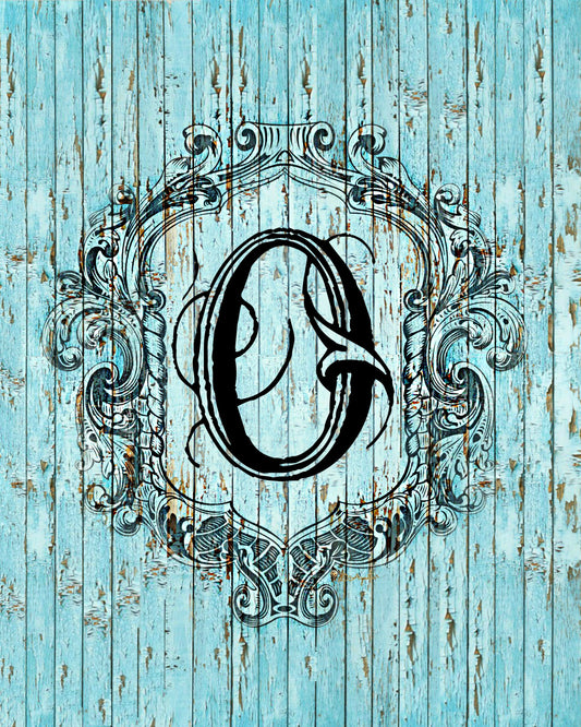 "O Cottage Collection Engraved Monogram on Distressed Shabby Blue Wood 8X10