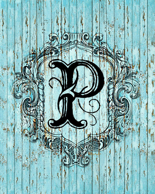 "P" Cottage Collection Engraved Monogram on Distressed Shabby Blue Wood 8X10