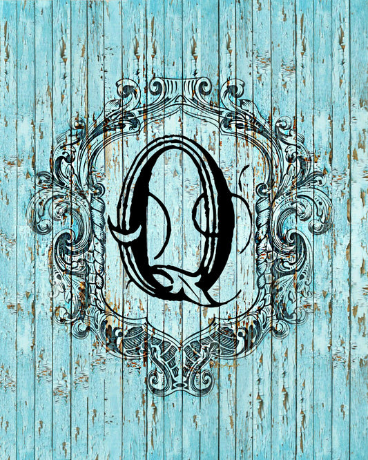 "Q" Cottage Collection Engraved Monogram on Distressed Shabby Blue Wood 8X10