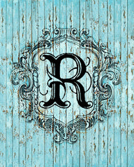 "R" Cottage Collection Engraved Monogram on Distressed Shabby Blue Wood 8X10
