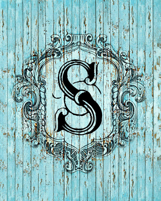 "S" Cottage Collection Engraved Monogram on Distressed Shabby Blue Wood 8X10