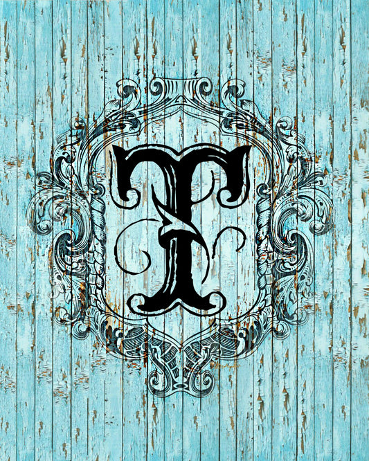 "T" Cottage Collection Engraved Monogram on Distressed Shabby Blue Wood 8X10