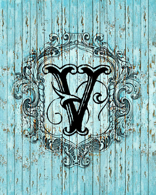 "V" Cottage Collection Engraved Monogram on Distressed Shabby Blue Wood 8X10
