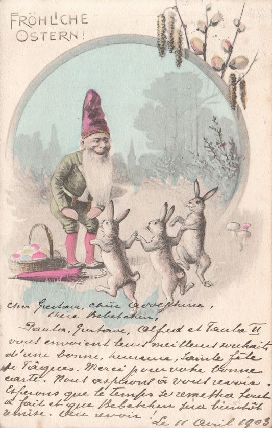 German Vintage Elf with Dancing Rabbits Ephemera with German writing