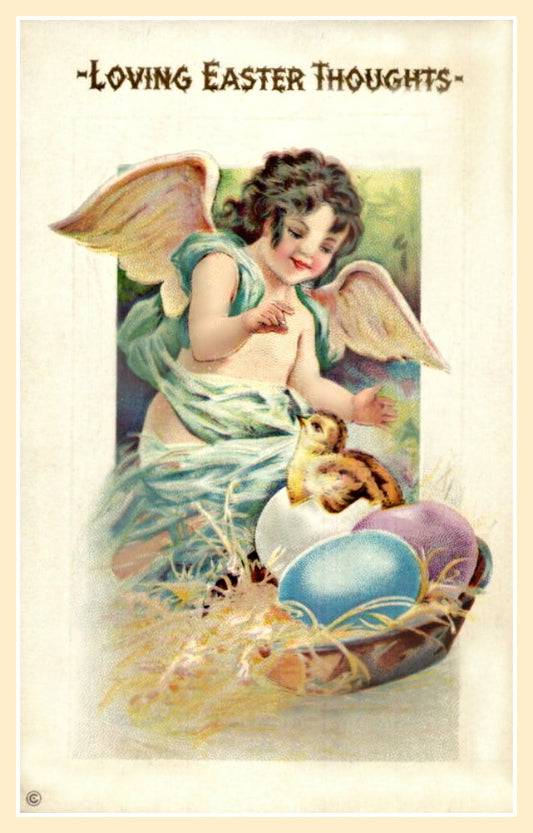 Easter Vintage Postcard Cherub eggs nest and chick