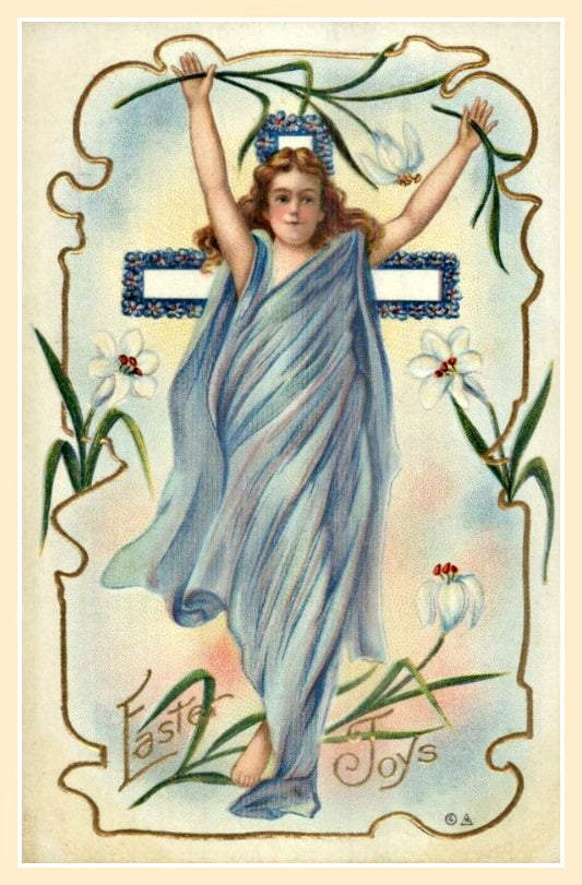 Beautiful Art Deco Easter Vintage Postcard Blue Lady & Cross