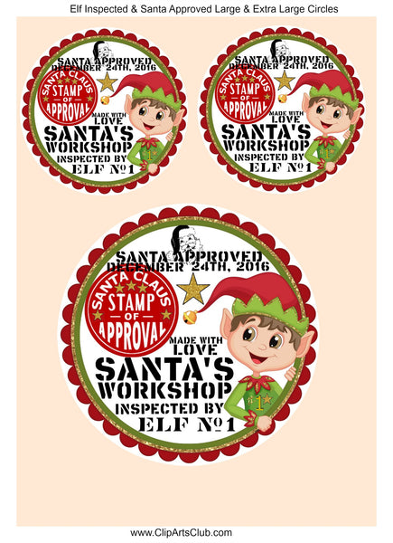Elf Inspected & Santa Approved Christmas Gift Tags - Circles - Stamps - Stickers