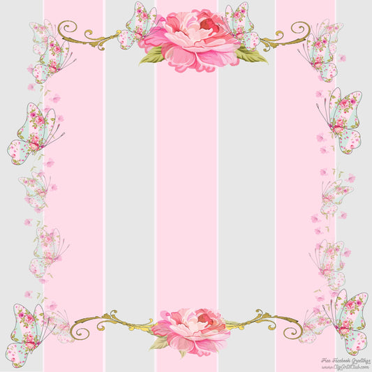 Beautiful Facebook Blank Greeting or 12x12 Scrapbook Page Shabby chic pink stripes, roses and butterflies