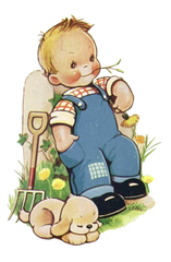 Farm Boy with Rake and puppy leaning against hay bales adorable little boy - clip art png