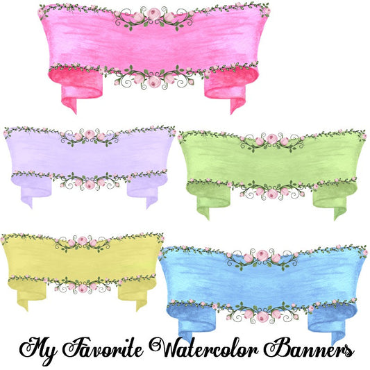 My Favorite Watercolor Banners  - Five Pastel Rose Trimmed Beautiful Banners