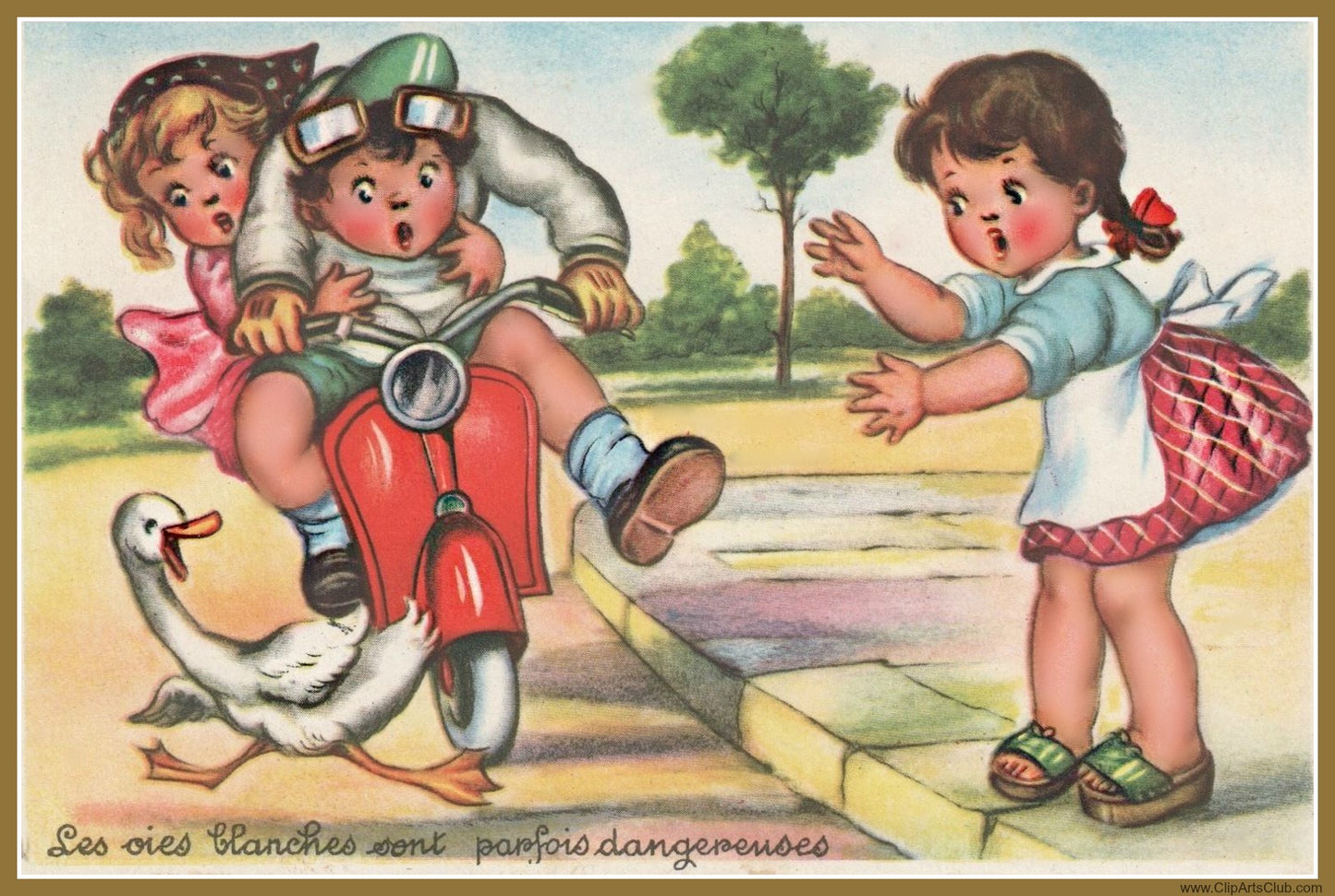 Be Careful! Vintage Children riding a Motorcycle - French