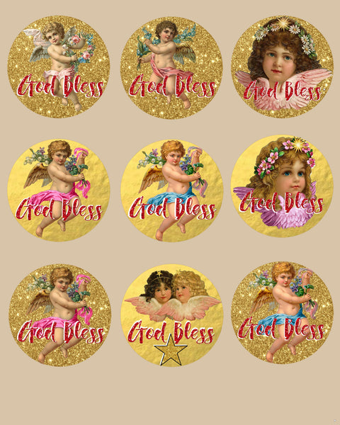 "God Bless"  Labels Collage Page #5 - Gold Glitter  & Gold Foil  - 9 Beautiful Vintage Angels