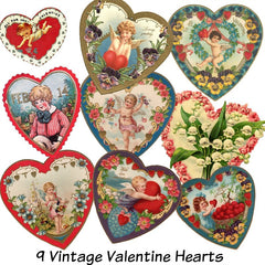 Vintage Valentine Hearts Bundle - 9 cut out hearts for scrapbooking