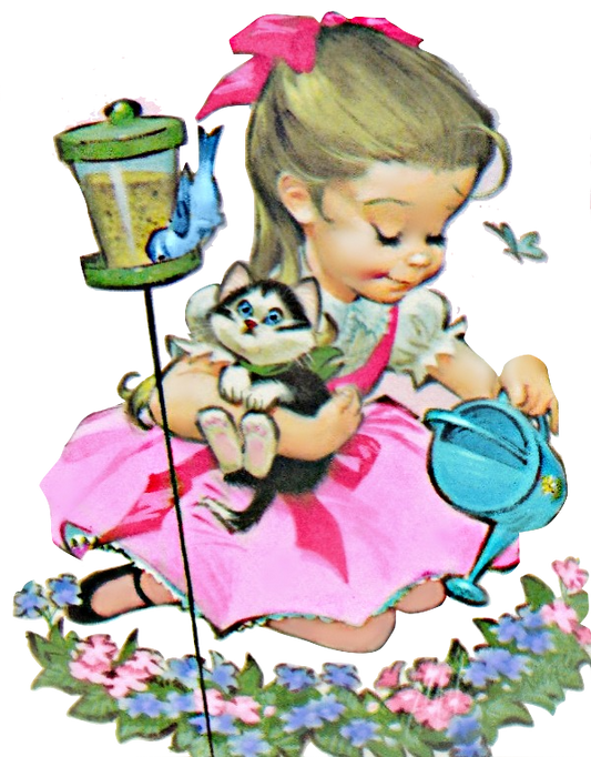 Garden Girl Watering Flowers With Kitty