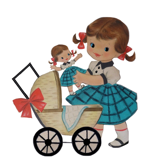 Doll - Little Girl With Her Doll & Carriage - Vintage