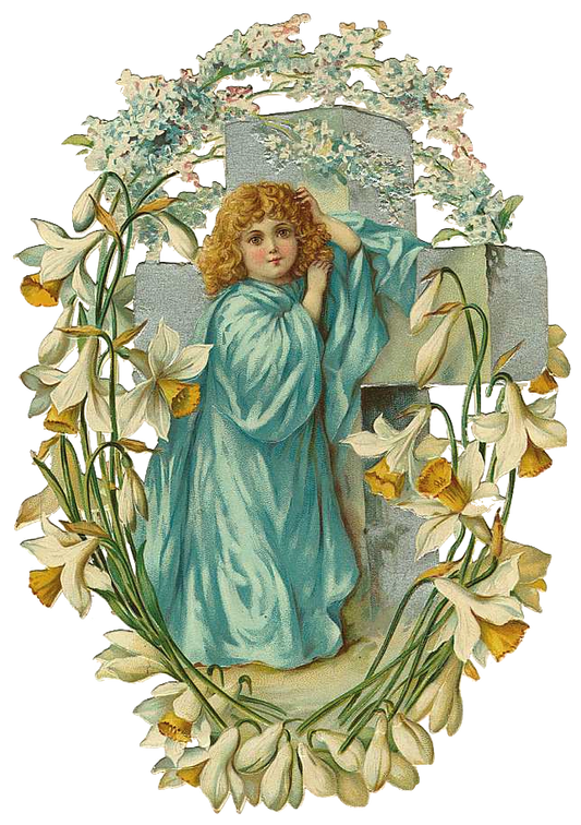 Beautiful child blonde hair girl at cross with lilies Sympathy or Easter large clip art Victorian