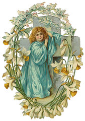 Beautiful child blonde hair girl at cross with lilies Sympathy or Easter large clip art Victorian