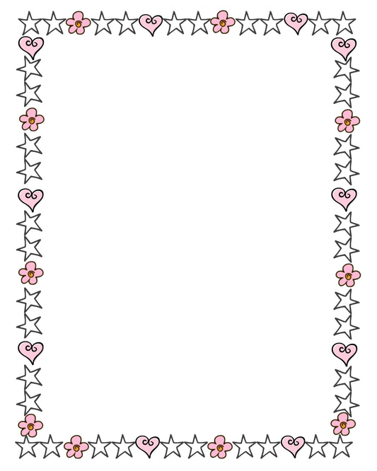 Girly pink hearts, stars, flowers on white background 8X10 page