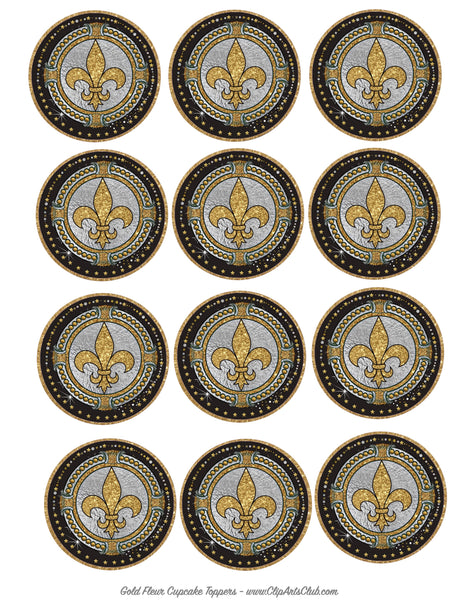 Fleur de lis - Gold & silver Collage Sheet Circles - Toppers - Stickers - Labels