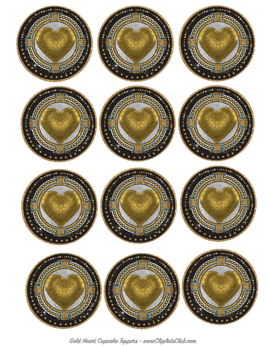 Gold Hearts Collage Sheet - Cupcake Toppers - Circles - Stickers