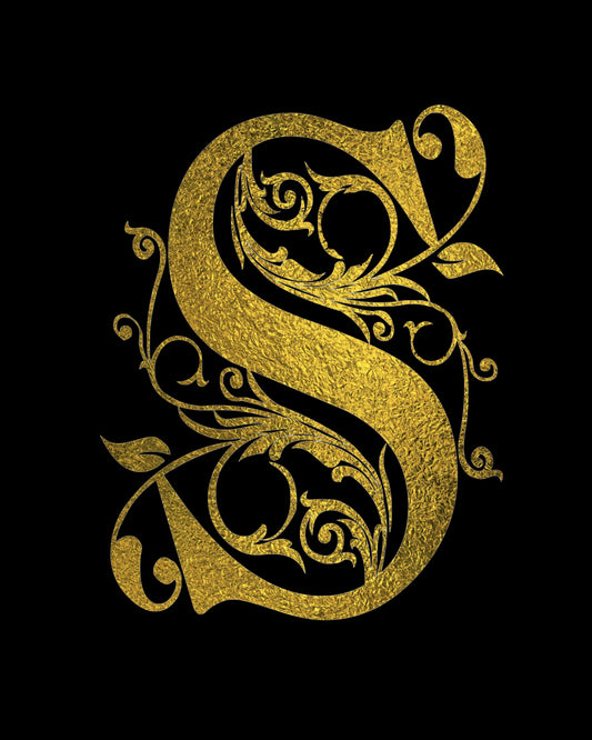 "S"  8x10 Print Gold Foil Shiny Monogram S Initial Black Background