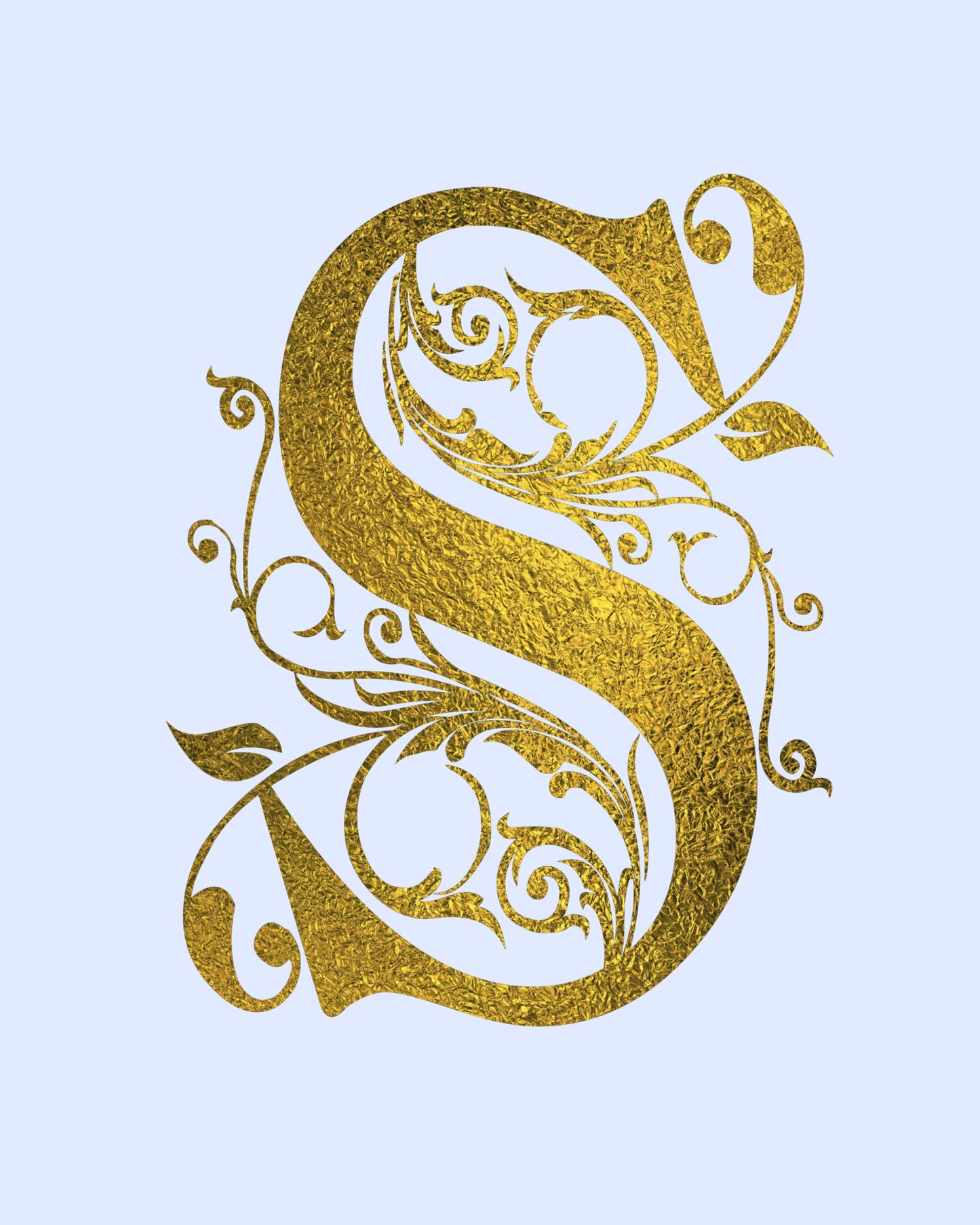 "S"  8x10 Print Gold Foil Shiny Monogram S Initial Blue Background