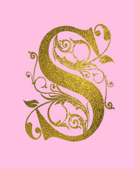 "S"  8x10 Print Gold Foil Shiny Monogram S Initial Pink Background