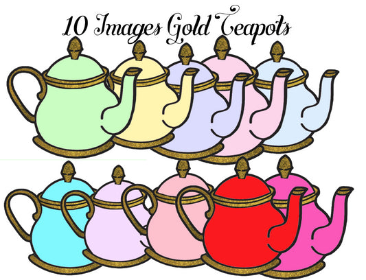 10 Gold Teapots in Various Colors - 10 Separate Images