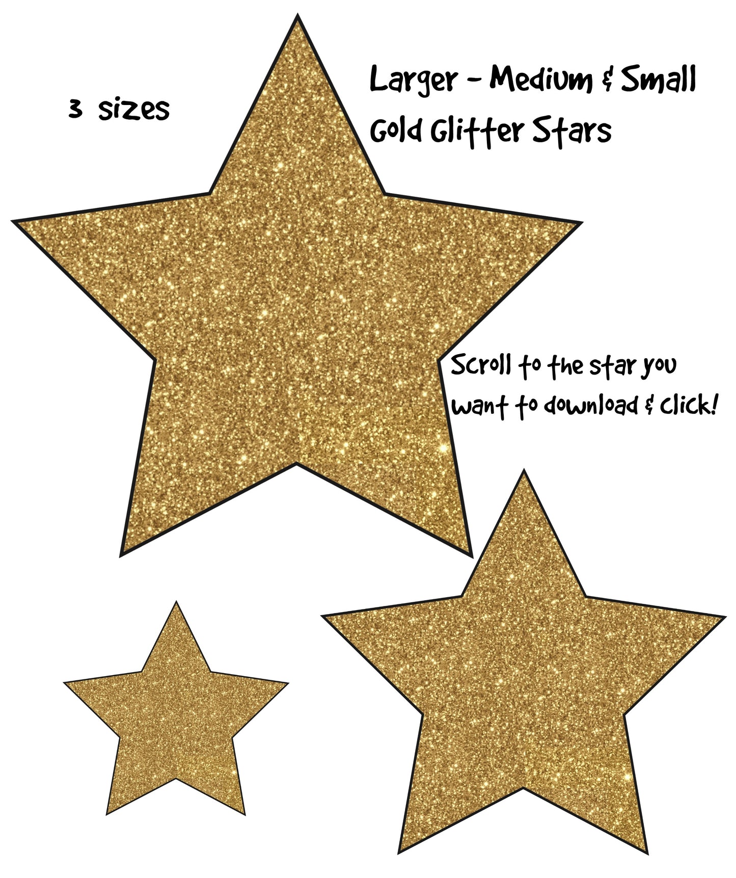 3 Gold Glitter Stars - PNG Images - Small - Medium & Large