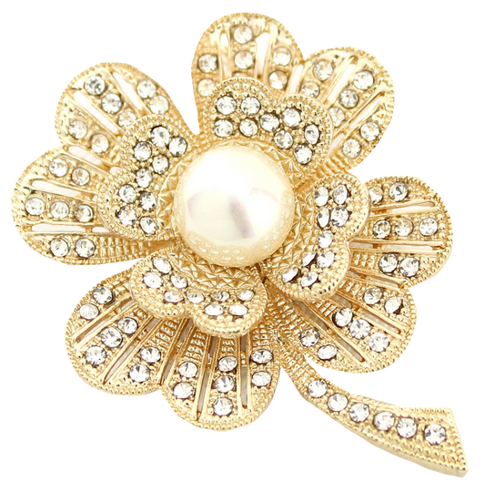 Gold Pearl & Rhinestone Flower Brooch