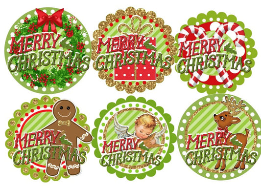 Merry Christmas Label Set - 6 Beautiful Green & Red Gold Glitter Labels