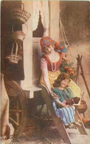 6 Vintage Gypsy Postcard set Mother & Daughter by their wagon