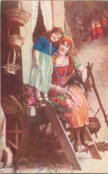 6 Vintage Gypsy Postcard set Mother & Daughter by their wagon
